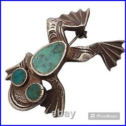Vintage Navajo Handmade Sterling Silver Natural Turquoise Frog Brooch Pin