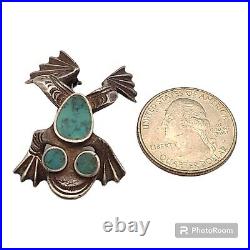 Vintage Navajo Handmade Sterling Silver Natural Turquoise Frog Brooch Pin