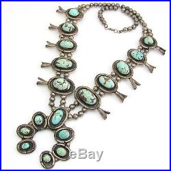 Vintage Navajo Handmade Sterling Silver Turquoise Squash Blossom Naja Necklace G
