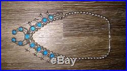 Vintage Navajo Handmade Sterling Silver Turquoise Squash Blossom Necklace