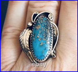 Vintage Navajo High Grade Kingman Turquoise Sterling Silver Ring Size 8