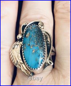 Vintage Navajo High Grade Kingman Turquoise Sterling Silver Ring Size 8