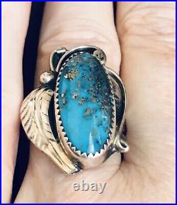 Vintage Navajo High Grade Kingman Turquoise Sterling Silver Ring Size 8