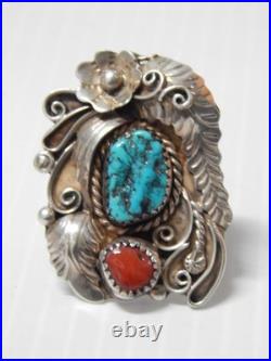 Vintage Navajo Indian MID Century Sterling Silver Coral Turquoise Ring Sz 9 1/4