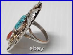 Vintage Navajo Indian MID Century Sterling Silver Coral Turquoise Ring Sz 9 1/4