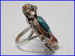 Vintage Navajo Indian MID Century Sterling Silver Coral Turquoise Ring Sz 9 1/4