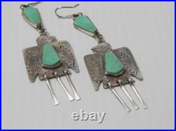 Vintage Navajo Indian Sterling Silver + Turquoise Thunderbird Dangler Earrings