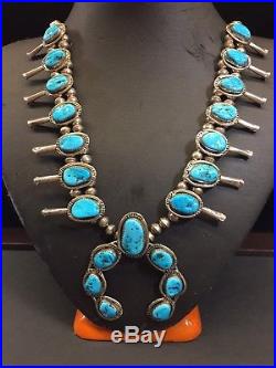 Vintage Navajo Morenci Turquoise & Sterling Silver Squash Blossom Necklace