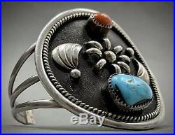 Vintage Navajo Native American Sterling Silver Turquoise & Coral Cuff Bracelet