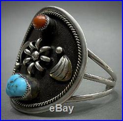 Vintage Navajo Native American Sterling Silver Turquoise & Coral Cuff Bracelet