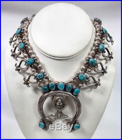 Vintage Navajo Native American Sterling Silver Turquoise Squash Blossom Necklace