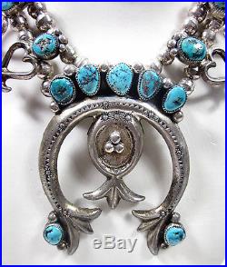 Vintage Navajo Native American Sterling Silver Turquoise Squash Blossom Necklace