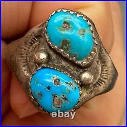 Vintage Navajo Native Turquoise Stamped Sterling Silver Ring Size 11