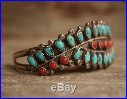Vintage Navajo Petit Point Turquoise & Coral Sterling Silver Cuff Bracelet