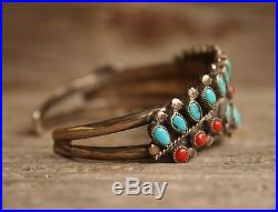 Vintage Navajo Petit Point Turquoise & Coral Sterling Silver Cuff Bracelet