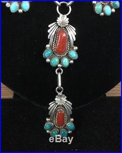 Vintage Navajo RB Sterling Silver Turquoise & Coral Necklace