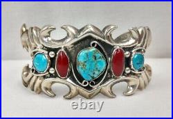 Vintage Navajo Sandcast Sterling Silver Turquoise & Coral Cuff Bracelet