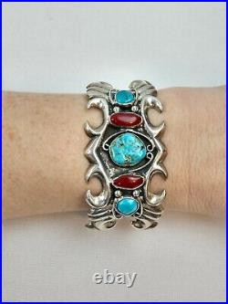 Vintage Navajo Sandcast Sterling Silver Turquoise & Coral Cuff Bracelet