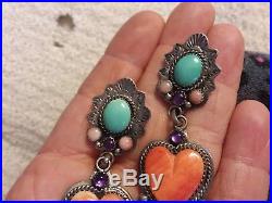 Vintage Navajo Spiny Oyster Heart Turquoise Sterling Silver Earrings