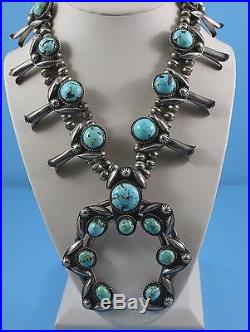 Vintage Navajo Squash Blossom Necklace In Sterling Silver and Turquoise, 28