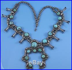 Vintage Navajo Squash Blossom Necklace In Sterling Silver and Turquoise, 28