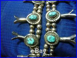 Vintage Navajo Squash Blossom Necklace, Sterling Silver & Turquoise, Signed JP