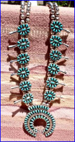 Vintage Navajo Squash Blossom Sterling Silver Necklace Turquoise Cluster Signed