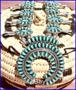 Vintage Navajo Squash Blossom Sterling Silver Necklace Turquoise Cluster Signed