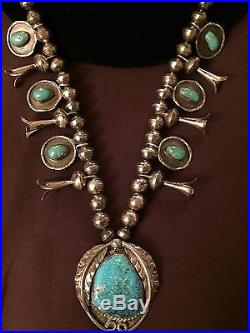 Vintage Navajo Sterling Silver And Turquoise Squash Blossom Necklace