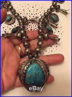 Vintage Navajo Sterling Silver And Turquoise Squash Blossom Necklace