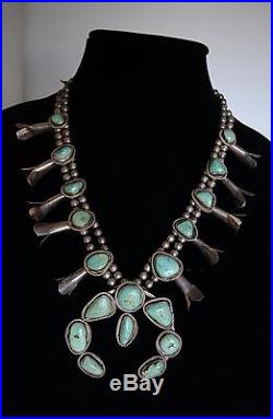 Vintage Navajo Sterling Silver And Turquoise Squash Blossom Necklace Huge