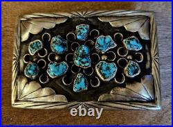 Vintage Navajo Sterling Silver Belt Buckle 64g Turquoise Nugget Inlay Southwest