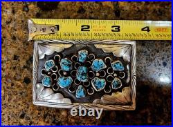 Vintage Navajo Sterling Silver Belt Buckle 64g Turquoise Nugget Inlay Southwest