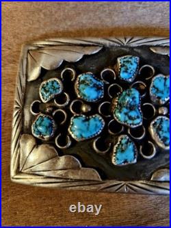 Vintage Navajo Sterling Silver Belt Buckle 64g Turquoise Nugget Inlay Southwest