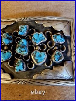 Vintage Navajo Sterling Silver Belt Buckle 64g Turquoise Nugget Inlay Southwest