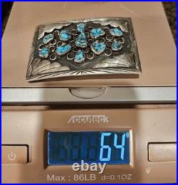 Vintage Navajo Sterling Silver Belt Buckle 64g Turquoise Nugget Inlay Southwest