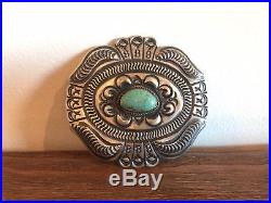 Vintage Navajo Sterling Silver Belt Buckle Turquoise Repousse Native American