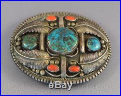 Vintage Navajo Sterling Silver Belt Buckle by FF Morenci Turquoise, Coral Vintage Navajo Sterling Silver Belt Buckle by FF Morenci Turquoise, Coral