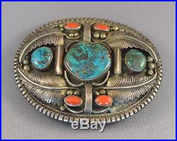 Vintage Navajo Sterling Silver Belt Buckle by FF Morenci Turquoise, Coral Vintage Navajo Sterling Silver Belt Buckle by FF Morenci Turquoise, Coral