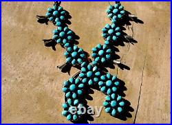 Vintage Navajo Sterling Silver & Blue Turquoise Stone Squash Blossom Necklace