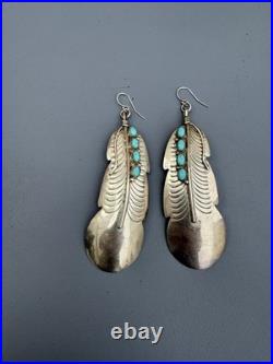 Vintage Navajo Sterling Silver Feather EARRINGS/PIN 4 Turquoise 3 Long -X4