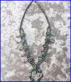 Vintage Navajo Sterling Silver Green Turquoise Squash Blossom Necklace 200 Grams