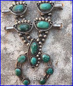 Vintage Navajo Sterling Silver Green Turquoise Squash Blossom Necklace 200 Grams