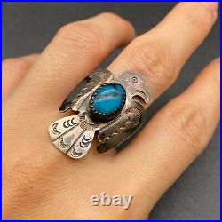 Vintage Navajo Sterling Silver Hand Stamped Thunderbird Turquoise Ring Size 8.25