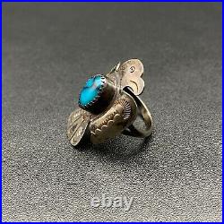 Vintage Navajo Sterling Silver Hand Stamped Thunderbird Turquoise Ring Size 8.25