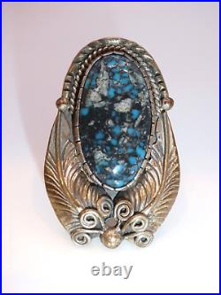 Vintage Navajo Sterling Silver High Grade Turquoise Ring Sz 11 Quartz Leaves 70s
