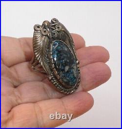 Vintage Navajo Sterling Silver High Grade Turquoise Ring Sz 11 Quartz Leaves 70s