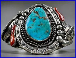 Vintage Navajo Sterling Silver Kingman Turquoise & Coral Branch Cuff Bracelet