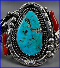 Vintage Navajo Sterling Silver Kingman Turquoise & Coral Branch Cuff Bracelet
