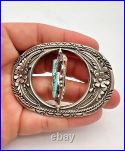 Vintage Navajo Sterling Silver Kingman Turquoise & Coral Spinner Belt Buckle